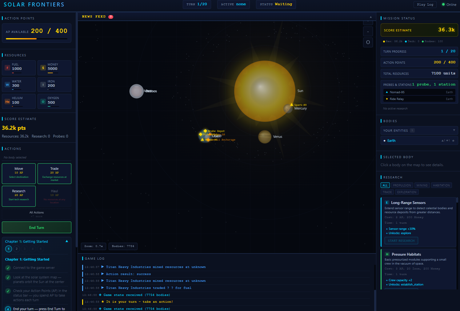 Solar Frontiers gameplay interface showing the solar system map, probes, and research controls