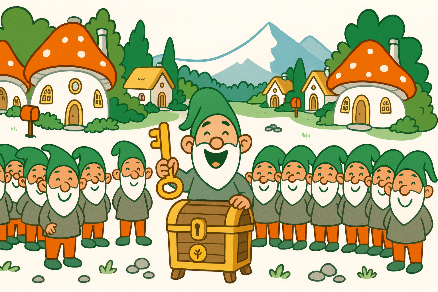 A Gnome with a key. A happy gnome
holding the key to the treasure chest.