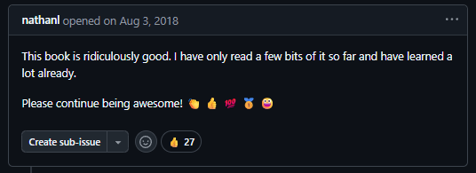 Issue 113: This book
is ridiculously good. I have only read a few bits of it so far and have
learned a lot already. Please continue being awesome! Issue 113: This book
is ridiculously good. I have only read a few bits of it so far and have
learned a lot already. Please continue being awesome!