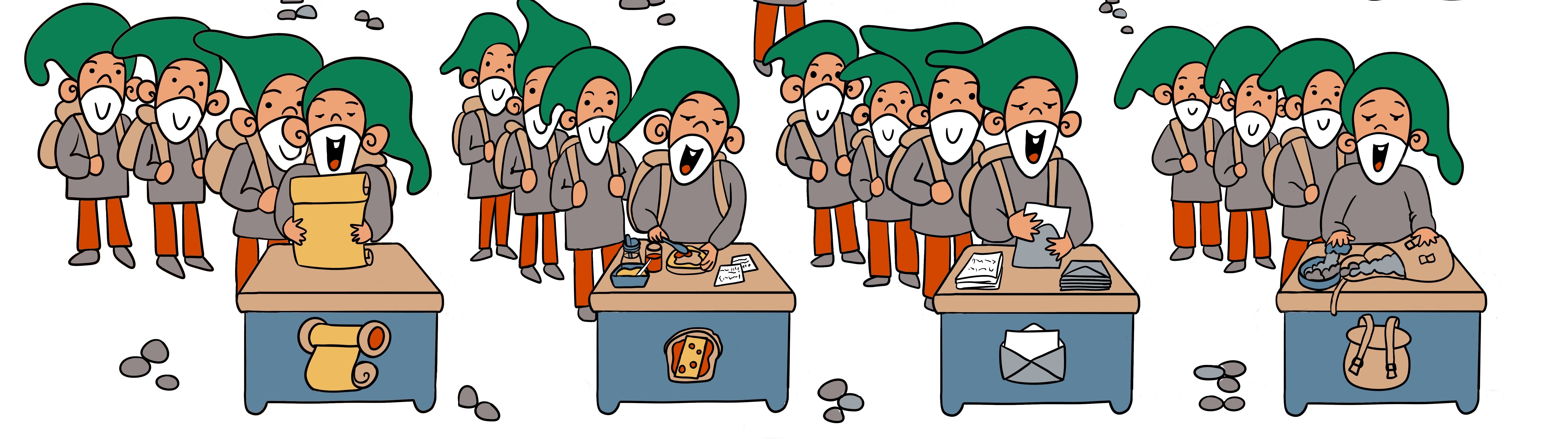 Queue
of gnomes waiting for workbench turns - Illustration by Elisabeth Bahngoura Queue of gnomes waiting for workbench turns