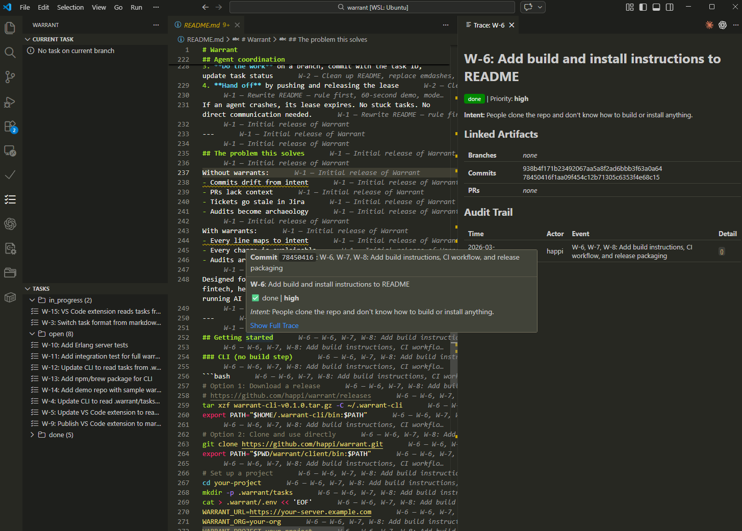 Warrant VS Code extension showing the current task sidebar, inline blame annotations, and a trace panel for the selected task